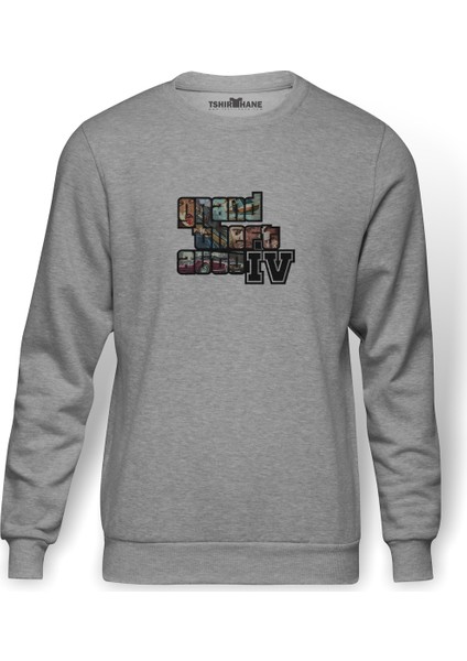 Gta V Yazı Ve Logo Baskılı Gri Erkek Örme Sweatshirt Uzun Kol