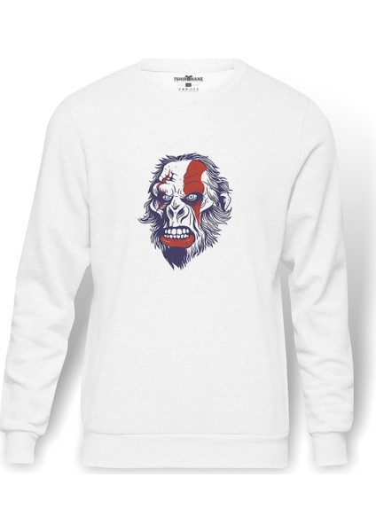 Monkey Baskılı Beyaz Erkek Örme Sweatshirt Uzun Kol