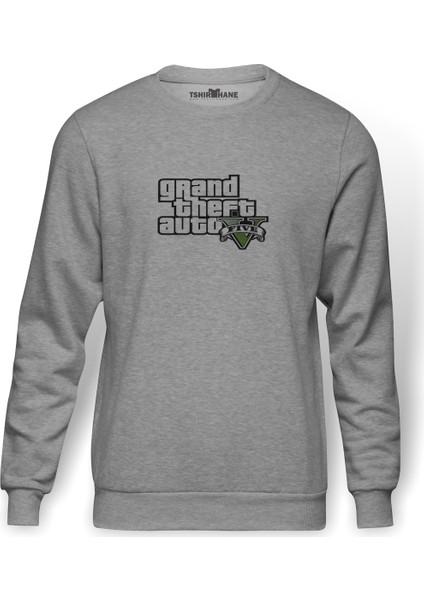 Gta V Yazi Ve Logo Baskılı Gri Erkek Örme Sweatshirt Uzun Kol
