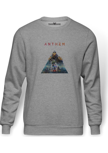 Anthem Logo Baskılı Gri Erkek Örme Sweatshirt Uzun Kol