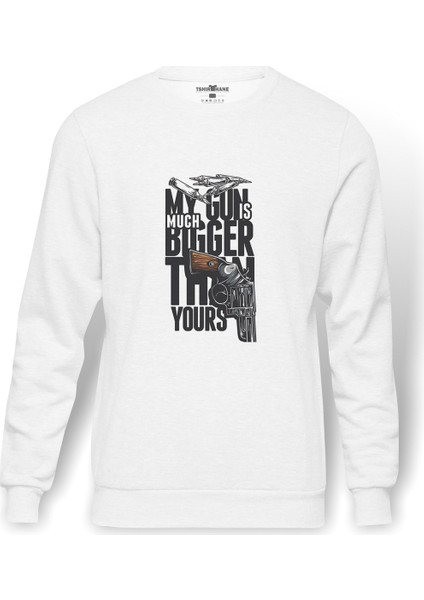 My Gun Is Bigger Baskılı Beyaz Erkek Örme Sweatshirt Uzun Kol