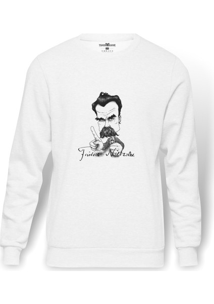 Friedrich Wilhelm Nietzsche Baskılı Beyaz Erkek Örme Sweatshirt Uzun Kol