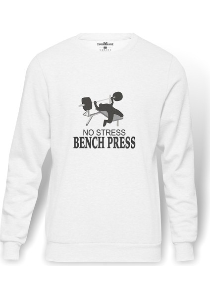 No Stress Bench Press Baskılı Beyaz Erkek Örme Sweatshirt Uzun Kol