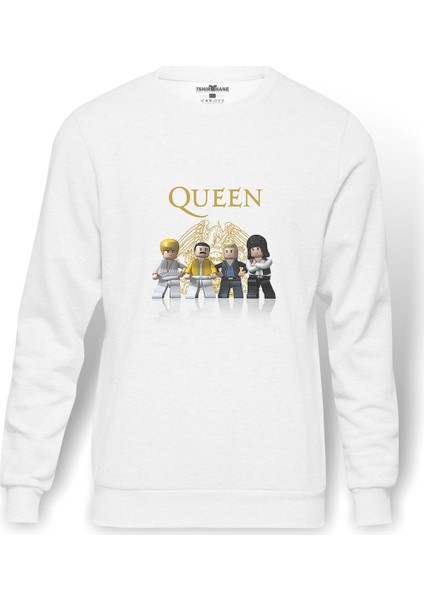 Queen Lego Baskılı Beyaz Erkek Örme Sweatshirt Uzun Kol