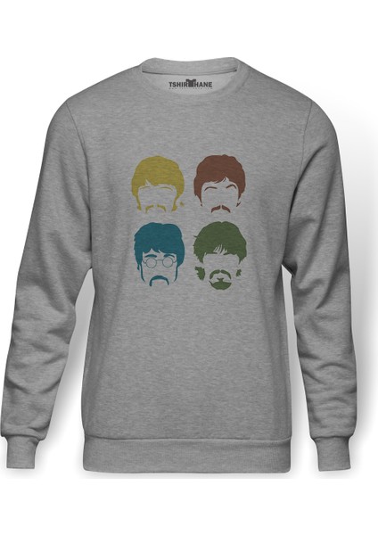 Beatles 1 Baskılı Gri Erkek Örme Sweatshirt Uzun Kol