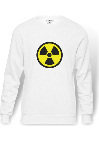 Radiation Alert Baskılı Beyaz Erkek Örme Sweatshirt Uzun Kol