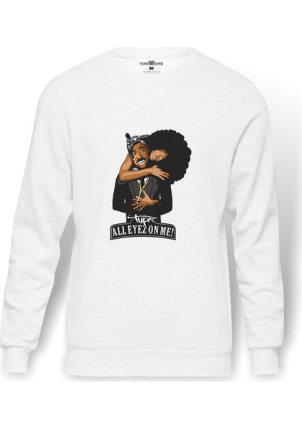 Rap Hiphop 2Pac All Eyez On Baskılı Beyaz Erkek Örme Sweatshirt Uzun Kol