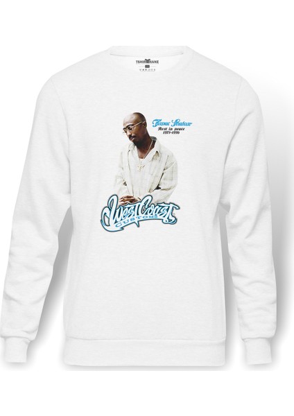 Rap Hiphop 2Pac Rip West Coast Baskılı Beyaz Erkek Örme Sweatshirt Uzun Kol