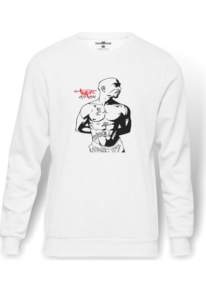 Rap Hiphop 2Pac Rıp Baskılı Beyaz Erkek Örme Sweatshirt Uzun Kol