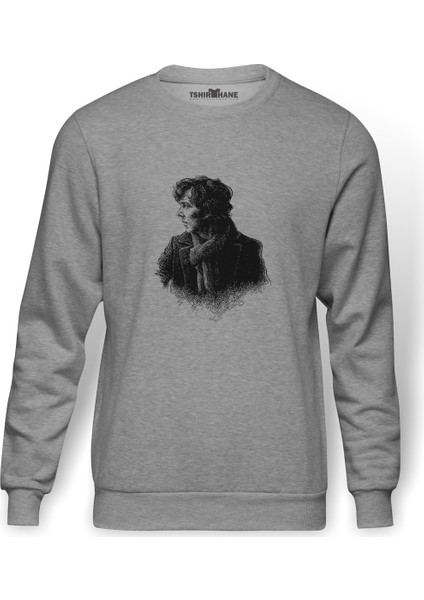 Sherlock Eskiz Baskılı Gri Erkek Örme Sweatshirt Uzun Kol