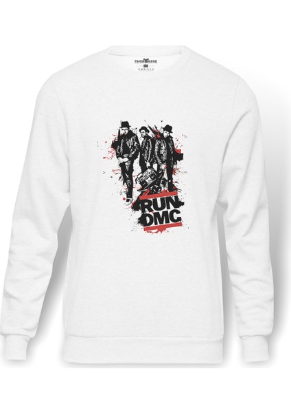 Run Dmc Baskılı Beyaz Erkek Örme Sweatshirt Uzun Kol