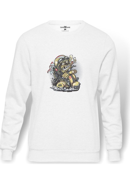 Scooter Smoker Baskılı Beyaz Erkek Örme Sweatshirt Uzun Kol