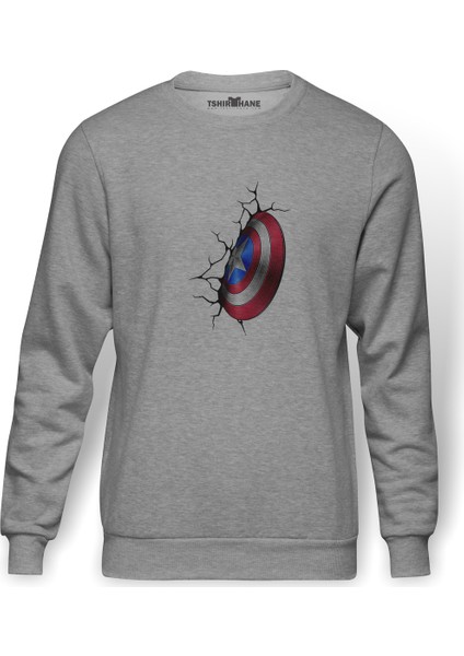 Captain America Shield Wall Baskılı Gri Erkek Örme Sweatshirt Uzun Kol
