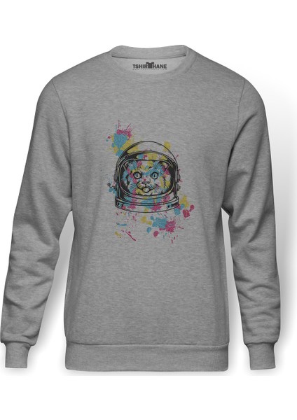 Cattronot Cat Astronot Baskılı Gri Erkek Örme Sweatshirt Uzun Kol