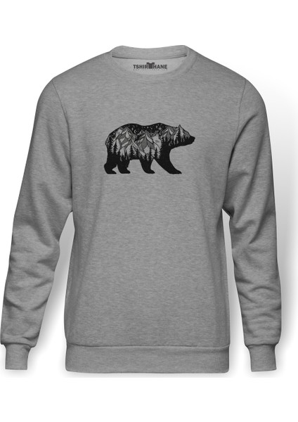 Silhouette California Bear Baskılı Gri Erkek Örme Sweatshirt Uzun Kol