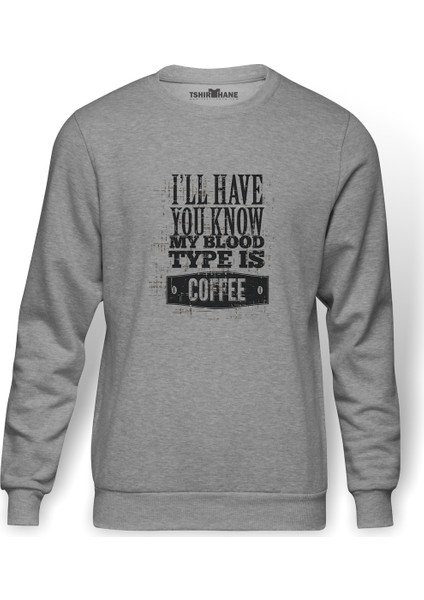 Coffee Baskılı Gri Erkek Örme Sweatshirt Uzun Kol