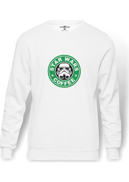 Star Coffee Baskılı Beyaz Erkek Örme Sweatshirt Uzun Kol