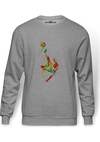 Silhouette Football Bicycle Kick Baskılı Gri Erkek Örme Sweatshirt Uzun Kol