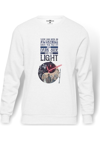 Dark Side Light Baskılı Beyaz Erkek Örme Sweatshirt Uzun Kol