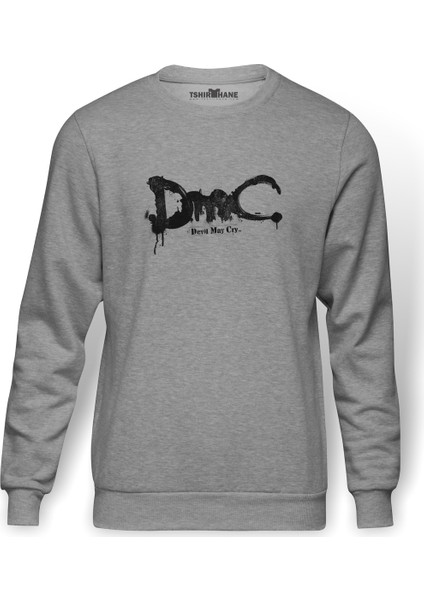 Dmc Devil May Cry Logo Baskılı Gri Erkek Örme Sweatshirt Uzun Kol