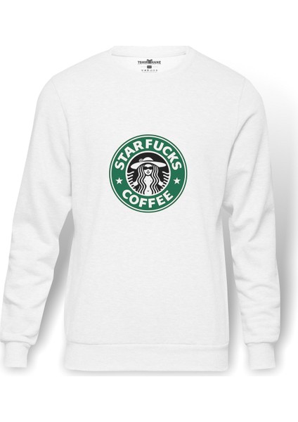 Star Coffee Baskılı Beyaz Erkek Örme Sweatshirt Uzun Kol