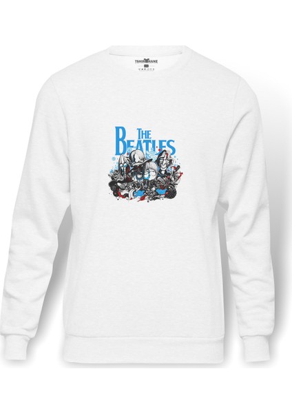 The Beatles Baskılı Beyaz Erkek Örme Sweatshirt Uzun Kol