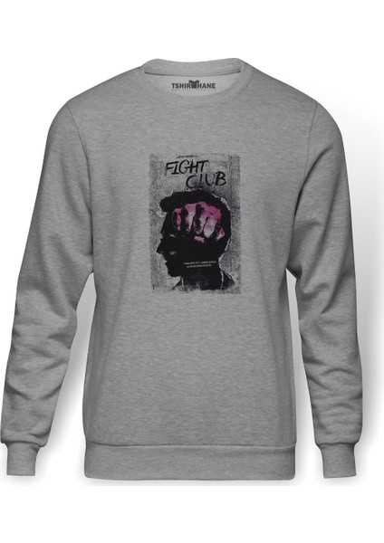 Fight Club Baskılı Gri Erkek Örme Sweatshirt Uzun Kol