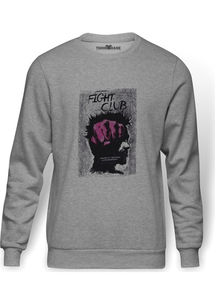 Fight Club Baskılı Gri Erkek Örme Sweatshirt Uzun Kol
