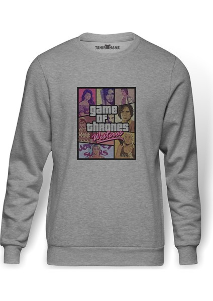 Game Of Thrones Comic Baskılı Gri Erkek Örme Sweatshirt Uzun Kol