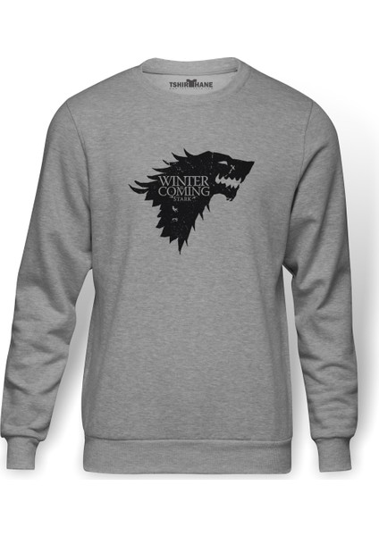 Game Of Thrones Baskılı Gri Erkek Örme Sweatshirt Uzun Kol