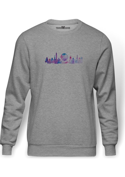 Silhouette Orlando Future Theme Park Baskılı Gri Erkek Örme Sweatshirt Uzun Kol