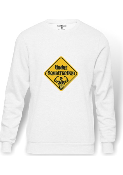 Under Construction Baskılı Beyaz Erkek Örme Sweatshirt Uzun Kol