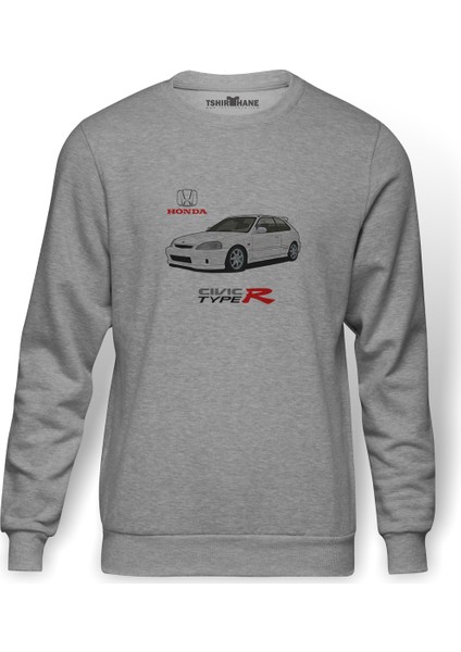 Araba Typer Baskılı Gri Erkek Örme Sweatshirt Uzun Kol