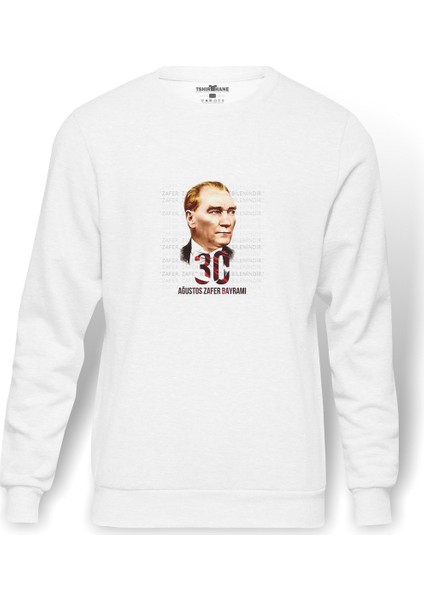 30 Ağustos Zafer Bayrami Ulu Önder Baskılı Beyaz Erkek Örme Sweatshirt Uzun Kol