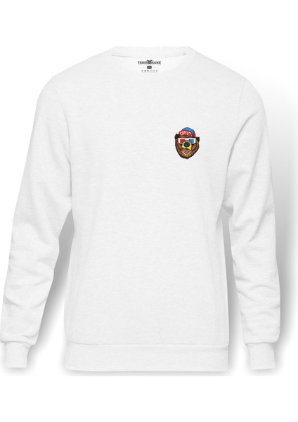 3D Gözlük 3 Boyutlu Gözlük Göğüs Baskılı Beyaz Erkek Örme Sweatshirt Uzun Kol