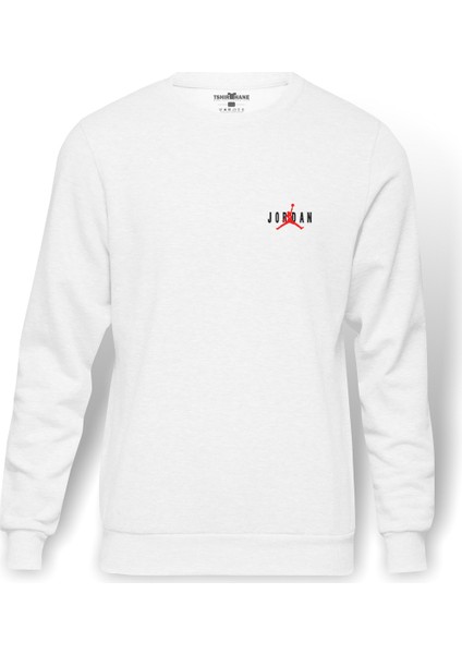 Air Basketci Basketbol Göğüs Baskılı Beyaz Erkek Örme Sweatshirt Uzun Kol