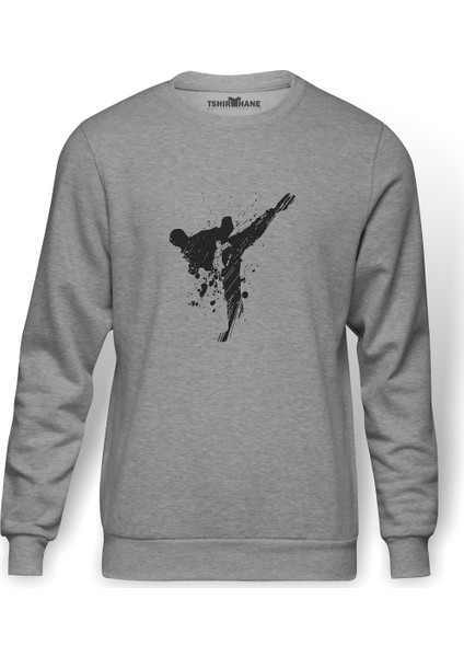 Silhouette Taekwondo Baskılı Gri Erkek Örme Sweatshirt Uzun Kol