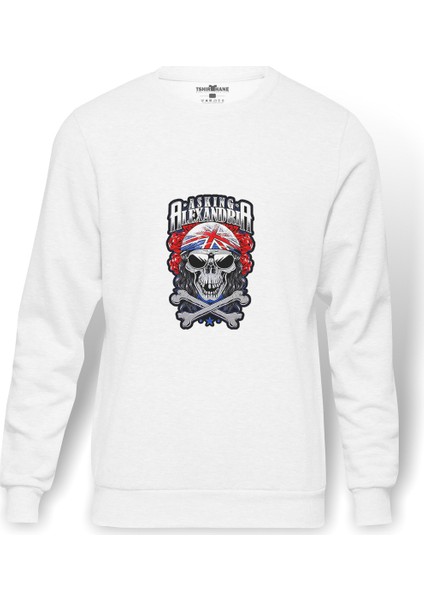 Alexandria Skull Kuru Kafa Baskılı Beyaz Erkek Örme Sweatshirt Uzun Kol