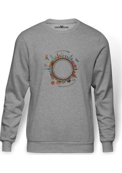 Silhouette Travel Globalization Baskılı Gri Erkek Örme Sweatshirt Uzun Kol