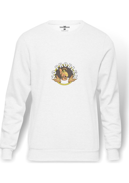 Alf Kiss Sticker Telegram Baskılı Beyaz Erkek Örme Sweatshirt Uzun Kol