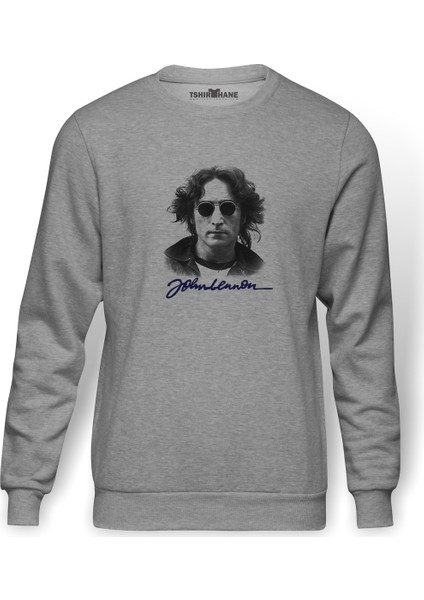 John Lennon Baskılı Gri Erkek Örme Sweatshirt Uzun Kol