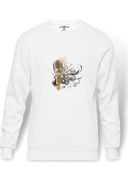 Altın Renkli Mikrofon Mikrofon Shure Müzik Baskılı Beyaz Erkek Örme Sweatshirt Uzun Kol