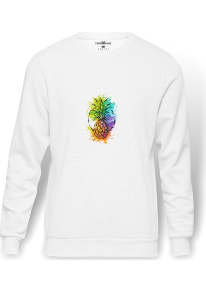 Ananas Kokteyl Suluboya Resim Punch Dövme Baskılı Beyaz Erkek Örme Sweatshirt Uzun Kol