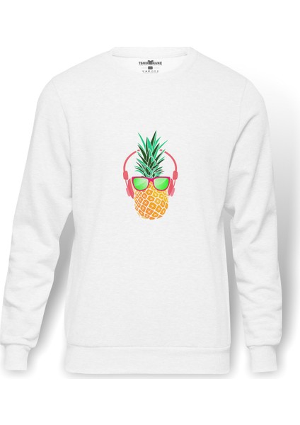 Ananas Retro Gözlük Baskılı Beyaz Erkek Örme Sweatshirt Uzun Kol