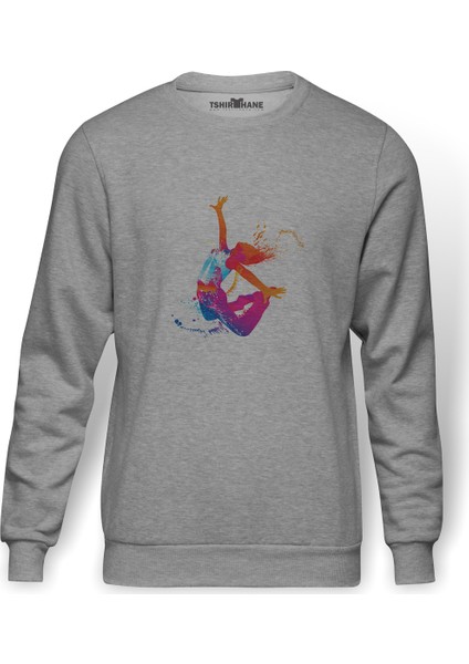 Silhouette Zumba Dance Baskılı Gri Erkek Örme Sweatshirt Uzun Kol