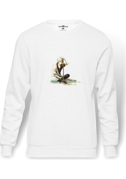 Anime Gintama Gintoki Baskılı Beyaz Erkek Örme Sweatshirt Uzun Kol