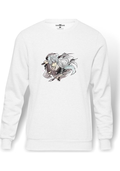 Anime Shiroyasha Baskılı Beyaz Erkek Örme Sweatshirt Uzun Kol