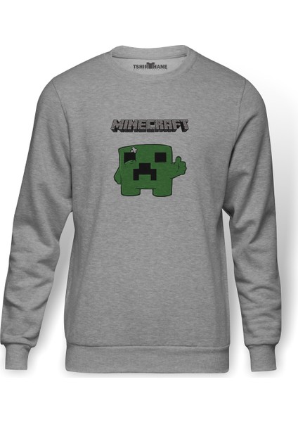 Mine Craft Baskılı Gri Erkek Örme Sweatshirt Uzun Kol
