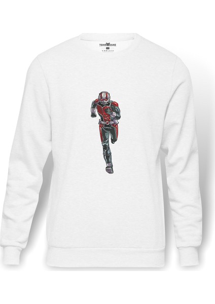 Ant Man Karınca Adam Run Baskılı Beyaz Erkek Örme Sweatshirt Uzun Kol