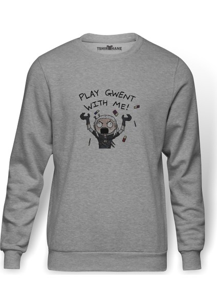 The Witcher Play Gwent With Me Baskılı Gri Erkek Örme Sweatshirt Uzun Kol